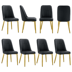 8 modern dining chairs, sleek PU backrest, and gold metal legs bring a comfortable home experience to the kitchen, bedroom, and office.Black PU Chairs with Simple Line Designs On The Backrest.
