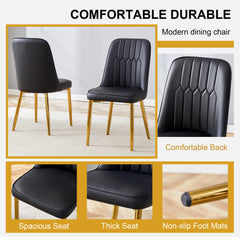 8 modern dining chairs, sleek PU backrest, and gold metal legs bring a comfortable home experience to the kitchen, bedroom, and office.Black PU Chairs with Simple Line Designs On The Backrest.