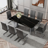 Table and chair set.The table has a glass top with imitation marble pattern stickers and stainless steel silver legs.Paired with 8 Dark Gray PU Chairs with Silver C-tube Metal Leg.