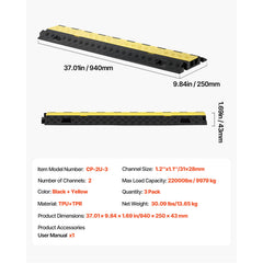 Cable Protector Ramp, 22,000 lbs/axle Capacity, 2 Channel Heavy Duty TPU Cord Hose Wire Cover, 1.2 x 1.1 in Channel, Traffic Speed Bump with Flip-Open Top Cover, for Indoor Outdoor Use, 3 Pack