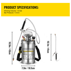 1.5Gal Stainless Steel Sprayer, Set with 16" Wand& Handle& 3.3FT Reinforced Hose, Hand Pump Sprayer with Pressure Gauge&Safety Valve, Adjustable Nozzle Suitable for Gardening& Sanitizing