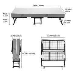 Rollaway Bed, 38 in x 75 in Folding Bed with 5 in Mattress, Twin Size Foldable Bed with Sturdy Metal Frame & Memory Foam Mattress, Portable Twin Roll Away Bed with Mattress, for Adults, Guest