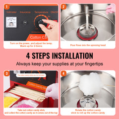 Electric Cotton Candy Machine, 1000W Candy Floss Maker, Commercial Cotton Candy Machine with Stainless Steel Bowl, Sugar Scoop, and Drawer, Perfect for Home Kids Birthday, Family Party, Red