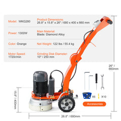 Electric Concrete Floor Grinder 10" Walk-Behind Grinder 1.7HP Concrete Floor Polisher, 1300W Grinding Machine, 1720RPM Upgrade Brushless Motor Surfacing Grinder for Granite/Marble/Stones