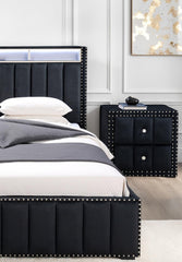 Black Color Contemporary Style 1pc Nightstand Crystal-like Knobs Vertical Channel Tufting Nailhead Trim Fabric Bedside Table Bedroom Furniture