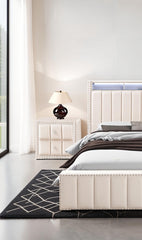 Beige Color Contemporary Style 1pc Nightstand Crystal-like Knobs Vertical Channel Tufting Nailhead Trim Fabric Bedside Table Bedroom Furniture