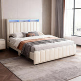 Contemporary Glam Beige Color 1pc Full Size Bed Storage Shelve LED Channel Tufting Bedroom Furniture Fabric Nailhead