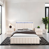 Queen Size Bed 2x Nightstands Bedroom Furniture Contemporary Beige Fabric Upholstered Bedframe w LED Nailhead Trim 3pc Bedroom Set