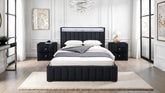 Queen Size Bed And 2x Nightstands Bedroom Furniture Luxury Look Black Fabric Upholstered Bedframe w LED Nailhead Trim 3pc Bedroom Set