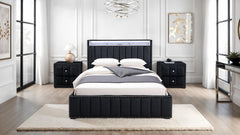 Queen Size Bed And 2x Nightstands Bedroom Furniture Luxury Look Black Fabric Upholstered Bedframe w LED Nailhead Trim 3pc Bedroom Set
