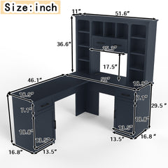 L-Shaped Computer Desk with 2 Cabinets and 2 Drawers, 11 Open Shelves and 1 Right Flip Shelf with Storage, with Power Outlet, for Study, Living Room and Office, Antique Blue