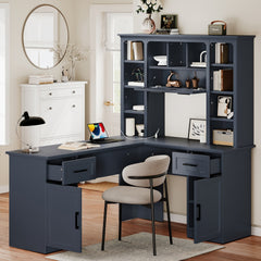 L-Shaped Computer Desk with 2 Cabinets and 2 Drawers, 11 Open Shelves and 1 Right Flip Shelf with Storage, with Power Outlet, for Study, Living Room and Office, Antique Blue