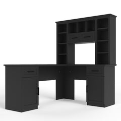 L-shaped computer desk with 2 cabinets and 2 drawers underneath the table, 11 open shelves and a flip-up shelf with storage on the right side, suitable for study, living room and office, Black