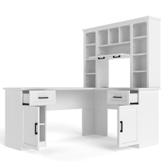 L-Shaped Computer Desk with 2 Cabinets and 2 Drawers, 11 Open Shelves and 1 Right Flip Shelf with Storage, with Power Outlet, for Study, Living Room and Office, White