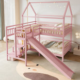 Full House-shaped Bunk bed with Slide,Playhouse Bed with Storage Stairs,Two Placement Methods ,Noise-free Design,Pink