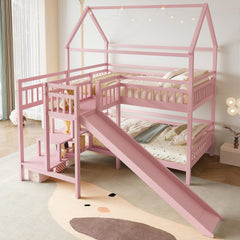 Full House-shaped Bunk bed with Slide,Playhouse Bed with Storage Stairs,Two Placement Methods ,Noise-free Design,Pink