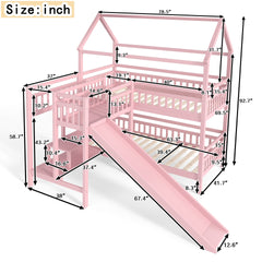 Twin House-shaped Bunk bed with Slide,Playhouse Bed with Storage Stairs,Two Placement Methods ,Noise-free Design, Pink