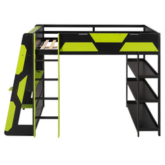 Full Size Gaming Loft Bed with Desk, Shelves & LED Lights, Black+Green