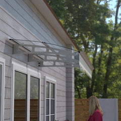 79" x 34" Window Awnings Door Entrance Canopy, Aluminum Alloy Bracket, 0.137 Inch Thick Crystal Solid Polycarbonate Sheet with Valance for Wooden Wall House (DA7934W Clear Transparent Roof)