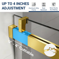 56" - 60" W x 76" H Frameless Soft-closing Single Sliding Shower Door, 1/4" (6mm) Tempered Glass with Explosion-proof Film via Express Delivery, Gold CM-24D01-60GX