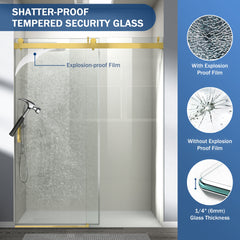 56" - 60" W x 76" H Frameless Soft-closing Single Sliding Shower Door, 1/4" (6mm) Tempered Glass with Explosion-proof Film via Express Delivery, Gold CM-24D01-60GX