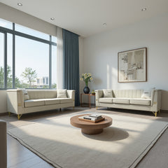 FX-P82-2PC SOFA -BE3 Modern Velvet Upholstered Sofa Set of 2, Beige 3-Seater Sofas with Gold Metal Legs Contemporary Living Room Furniture for Family Homes, Apartments, and Lounge Spaces
