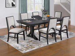 Traditional Look Dining Table And 6x Side Chairs White Finish Fabric Table w Trestle Base Cutout Back Chair 7pc Dining Set