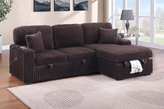 Modern Style 2pc Convertible Sectional Pull Out Sofa Fold Down Table Cup Holder USB Port Storage Chaise Matching Pillow Coffee Finish Primary Living Room