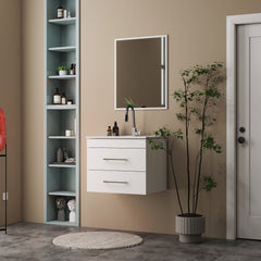 24-Inch White Gloss Wall-Mounted Bathroom Vanity with Double Drawers,Soft-Close System, Ceramic Sink, and Aluminium frame – Create a Modern and Minimalist Bathroom Space!Glossy White
