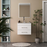24-Inch White Gloss Wall-Mounted Bathroom Vanity with Double Drawers,Soft-Close System, Ceramic Sink, and Aluminium frame – Create a Modern and Minimalist Bathroom Space!Glossy White