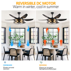 52" Modern Black Ceiling Fan with Light, 6 Fan Blades and Industrial Cage Design, Adjustable Speed for Living Room, Bedroom, Dining Room (Silent/6-Speed/Reversible/DC Motor) (Bulb Not Included)