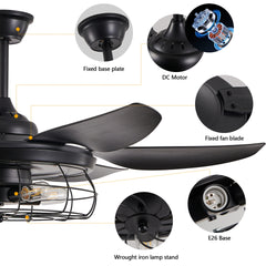 52" Modern Black Ceiling Fan with Light, 6 Fan Blades and Industrial Cage Design, Adjustable Speed for Living Room, Bedroom, Dining Room (Silent/6-Speed/Reversible/DC Motor) (Bulb Not Included)