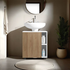 Pascuale Two Side Shelves Under Sink Cabinet with One Doors, Cut-Out Back, Compact 22 Freestanging Bathroom Storage, White, Natural Oak