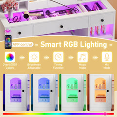 43.2 inch Vanity Desk with LED Mirror and Lights, Glass Top Vanity with RGB Glass Light Cabinets, Dressing Table with 3 Drawers ,Storage Shelves and Stool for Bedroom, White