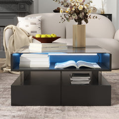 VIBE HAUS Lift-Top Coffee Table with 2 Drawers, Modern Square Coffee Table with Glass Top and High-Gloss Finish, Hidden Space and LED Lights for Living Room