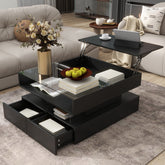 VIBE HAUS Lift-Top Coffee Table with 2 Drawers, Modern Square Coffee Table with Glass Top and High-Gloss Finish, Hidden Space and LED Lights for Living Room