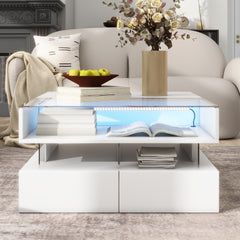 VIBE HAUS Lift-Top Coffee Table with 2 Drawers, Modern Square Coffee Table with Glass Top and High-Gloss Finish, Hidden Space and LED Lights for Living Room