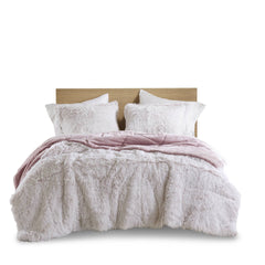 3 PCS Full/Queen Shaggy Faux Fur Comforter Mini Set Pink/White