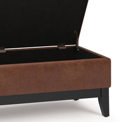 Oregon 42 inch Wide Storage Ottoman Bench with Tray in Distressed Saddle Brown Vegan Leather