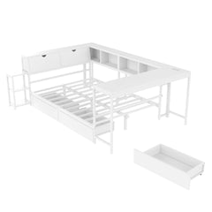 Corner Bed Frame Twin Size with Bookcase and 2 Underbed Storage Drawers, Modern Bed with LED Light and Charging Station, Left and right interchangeable, White