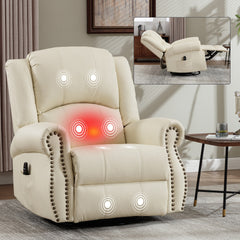 Heat Massage Manual Recliner Chair with Rocker and Swivel in Fabric for Living Room, Beige