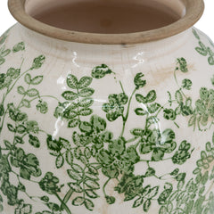 7.7x7.7x14.6" White Ceramic Flower Vase with Green Floral Pattern