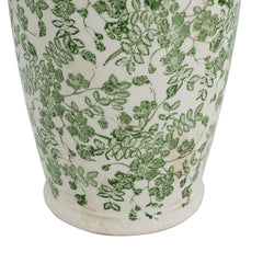 7.7x7.7x14.6" White Ceramic Flower Vase with Green Floral Pattern