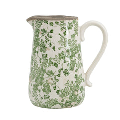 8.1x5.7x9.1" White Ceramic Pitcher Vase with Green Floral Pattern