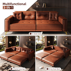 92.1"King Size Pull Out Sofa Bed,3-in-1 Faux Leather Convertible Sleeper Sofa with Ultra Wide Armrests,Tufted Modern Sofa,4-Seater Couch with 2 Pillows for Living Room,Light Brown(Old SKU:W1885S00209)