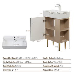 21.6" Open-Shelving Vanity with Ceramic Sink and Soft-Close Door, Cloakroom Storage Cabinet on Right Side, Assembly Required, Green Finish. 24VB06-21LVR CONTACT SELLER FOR STOCK-W1920S00190
