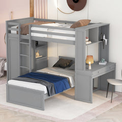 Twin size Loft Bed with a Stand-alone bed, Shelves,Desk,and Wardrobe-Gray