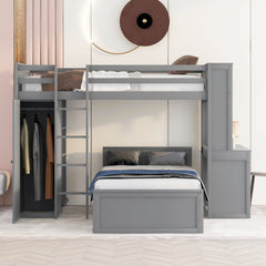 Twin size Loft Bed with a Stand-alone bed, Shelves,Desk,and Wardrobe-Gray