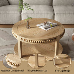 31.5 Inch Round Solid Wood Coffee Table & Sofa Table - Two-Tier Thickened Top, Sturdy Legs, Circle Table for Living Room (Natural Wood)
