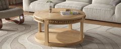 31.5 Inch Round Solid Wood Coffee Table & Sofa Table - Two-Tier Thickened Top, Sturdy Legs, Circle Table for Living Room (Natural Wood)